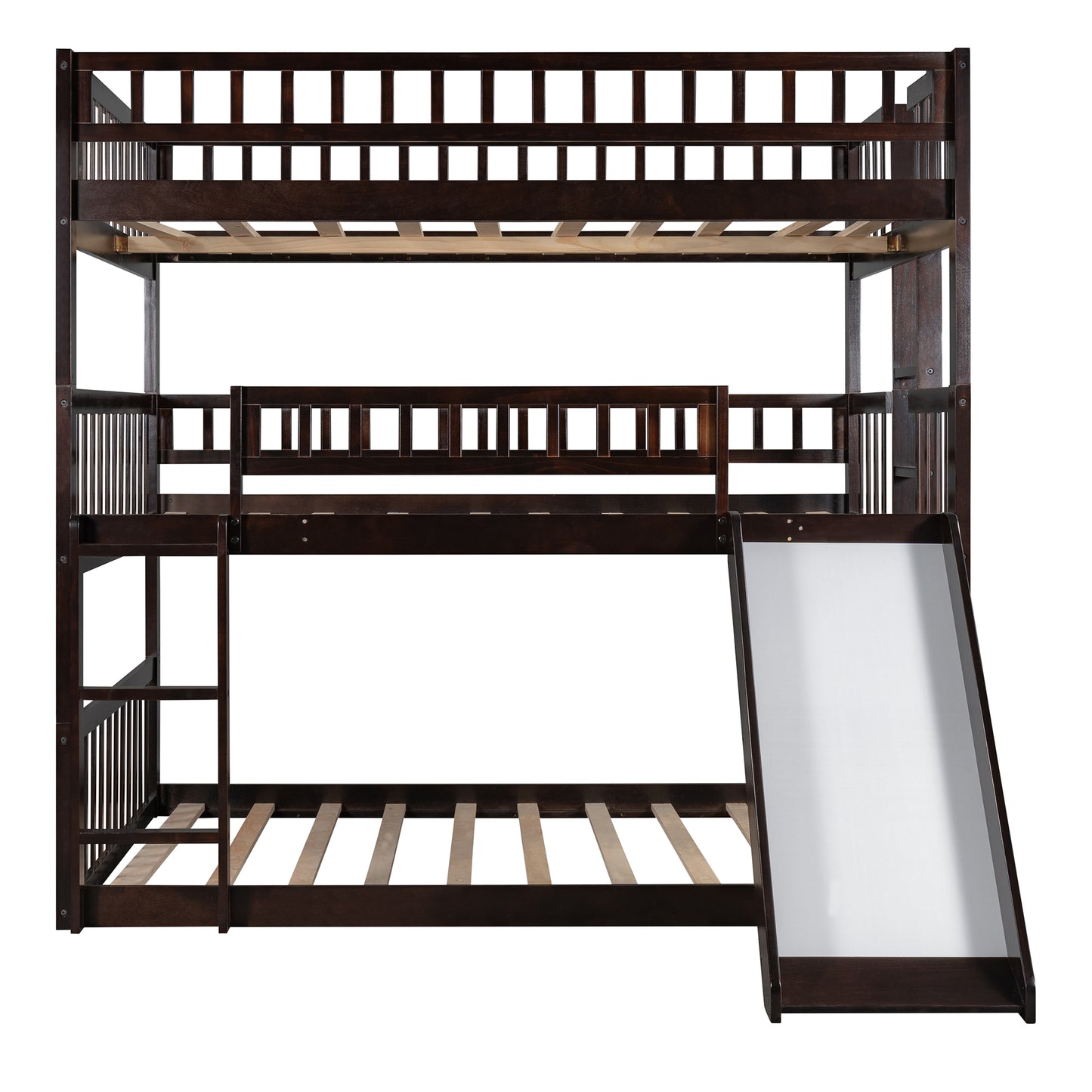 Full-Over-Full-Over-Full Triple Bed with Built-in Ladder and Slide for Kids, Triple Bunk Bed with Guardrails, Espresso