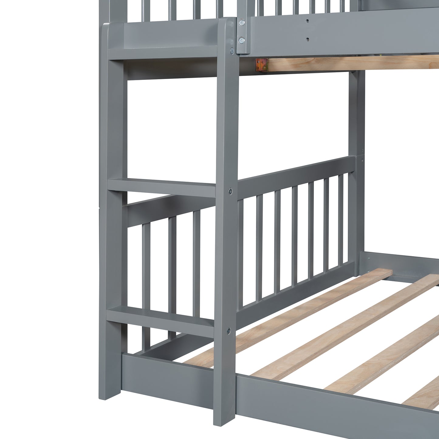 Full-Over-Full-Over-Full Triple Bed with Built-in Ladder and Slide for Kids, Triple Bunk Bed with Guardrails, Gray