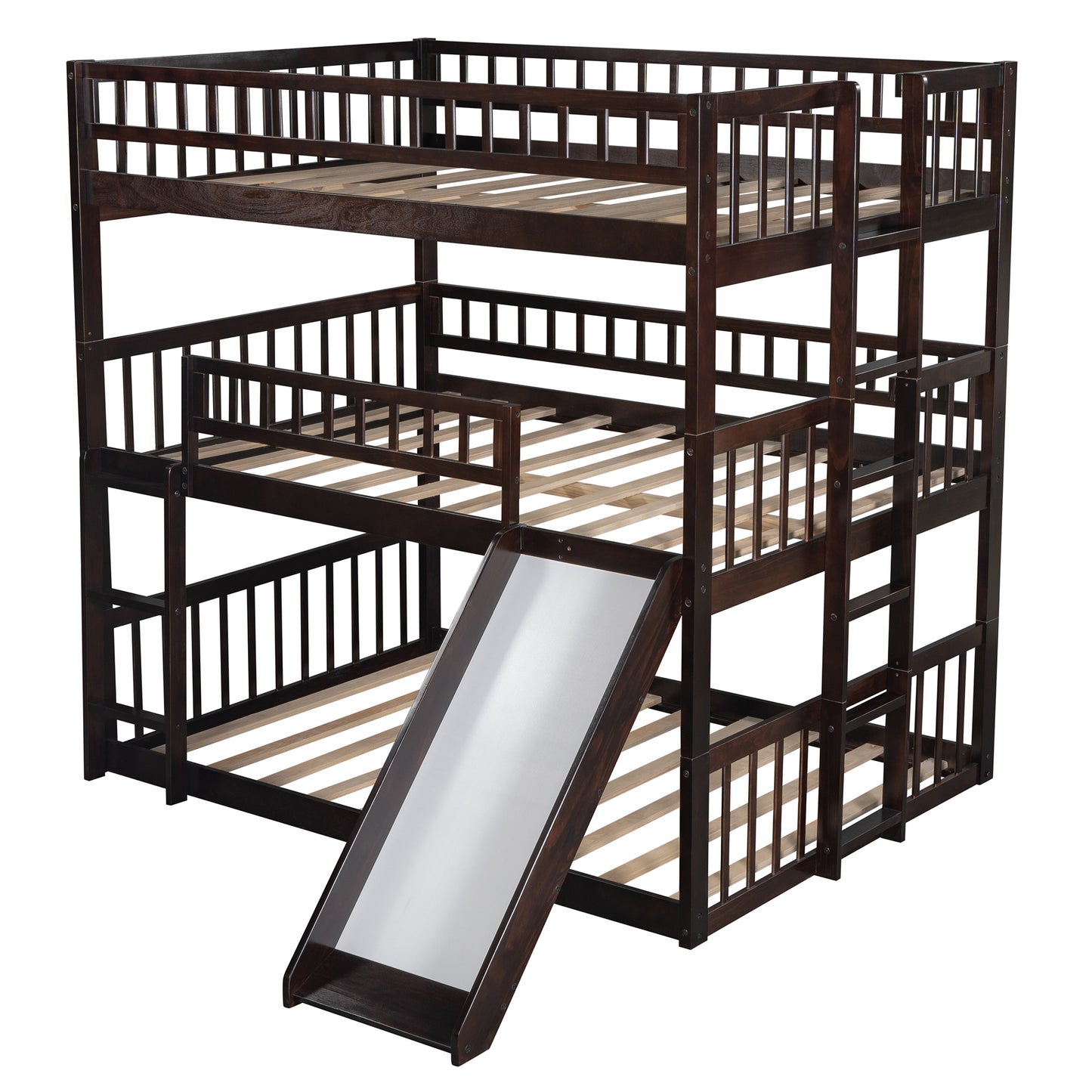 Full-Over-Full-Over-Full Triple Bed with Built-in Ladder and Slide for Kids, Triple Bunk Bed with Guardrails, Espresso