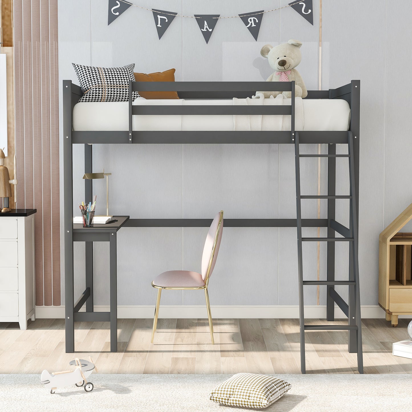 Twin size Loft Bed with Desk and Ladder-Gray