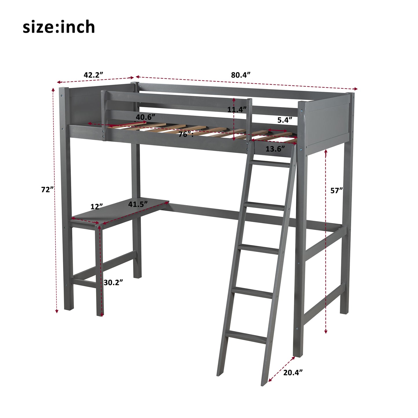 Twin size Loft Bed with Desk and Ladder-Gray