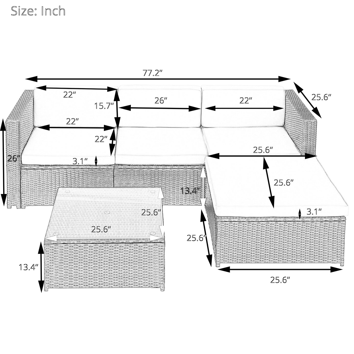 Rattan Patio Furniture Set Wicker Sofa Cushioned Sectional Furniture Set Garden Patio Sofa Set (5-Pieces, Beige Cushion)