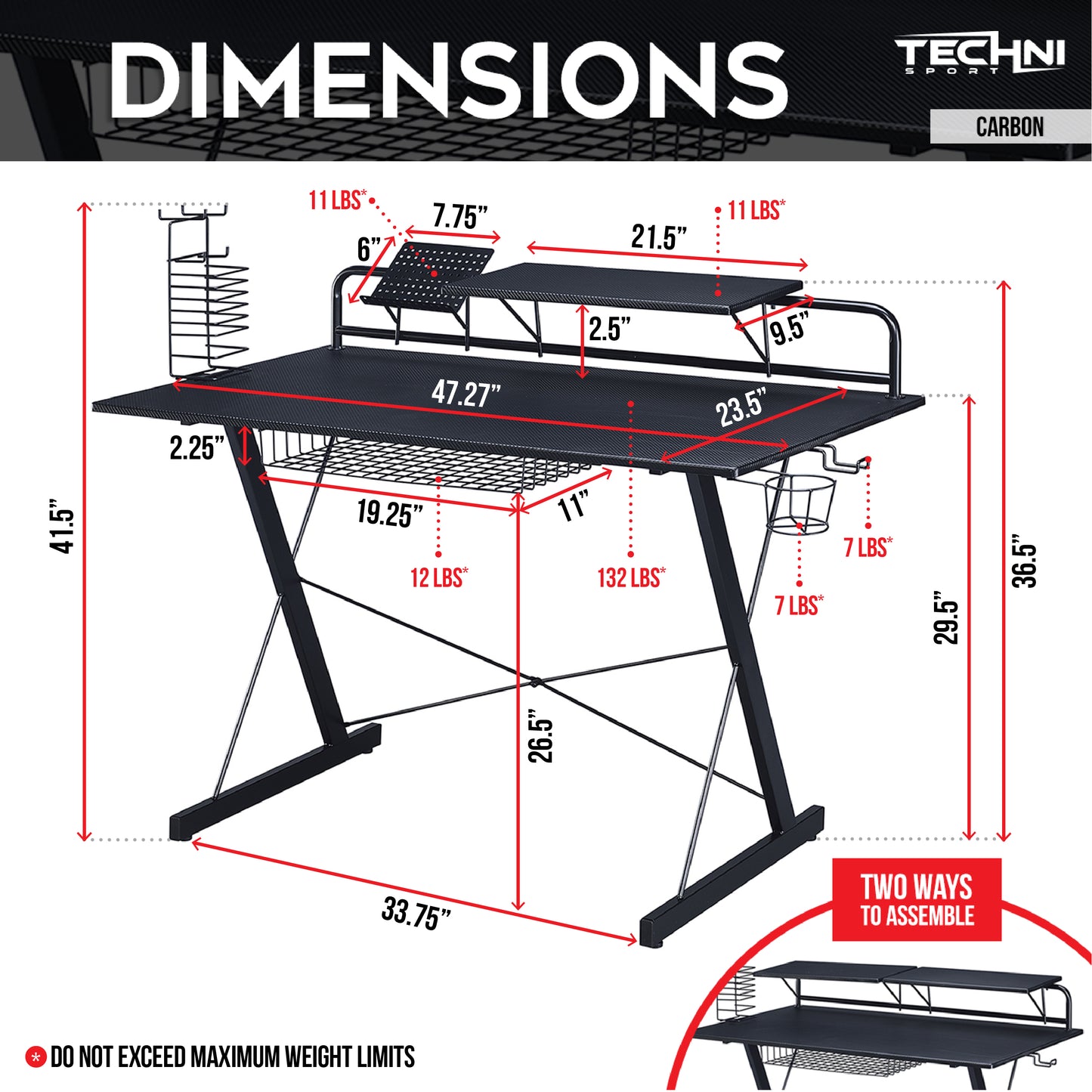 Techni Sport TS-200 Carbon Computer Gaming Desk with Shelving, Black