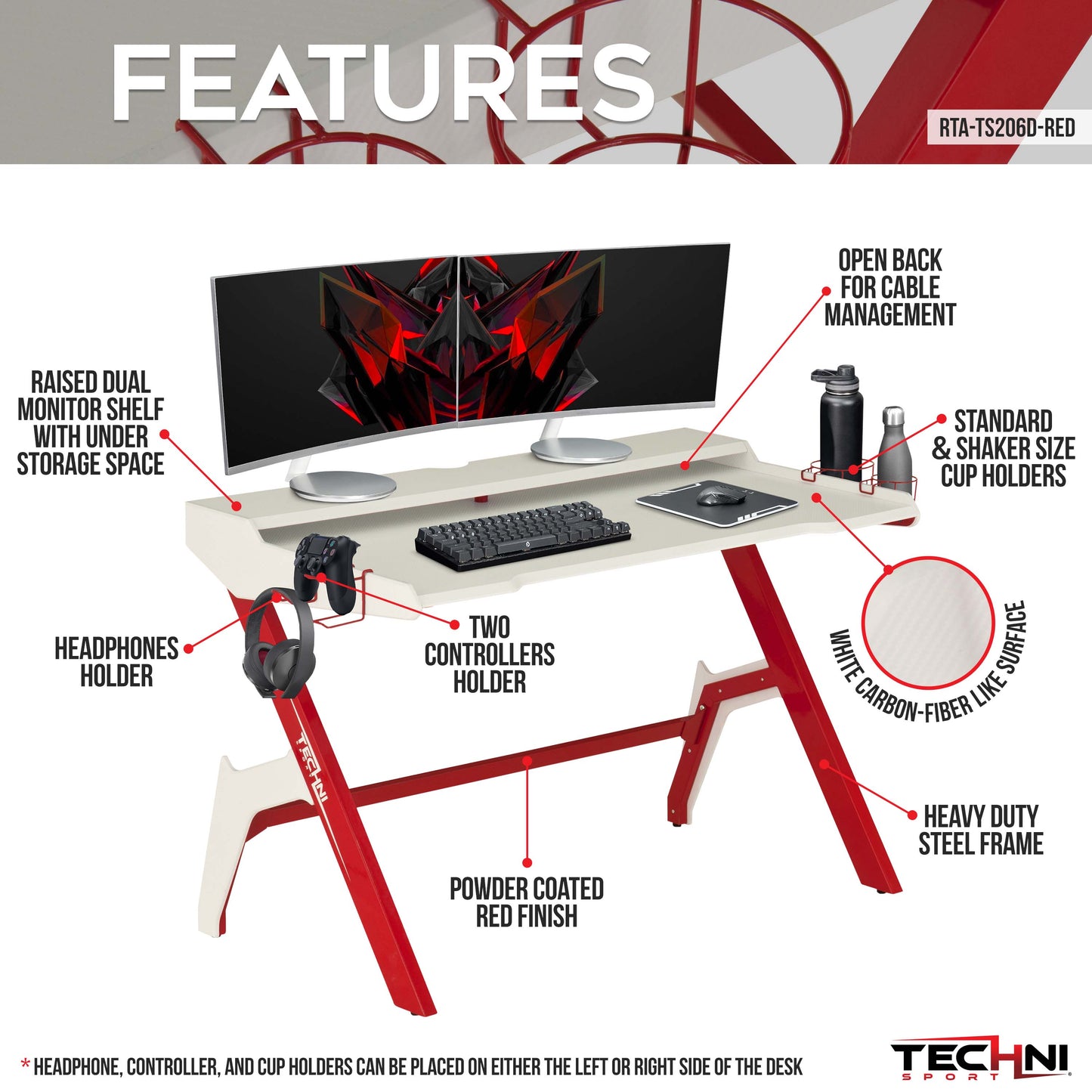 Techni Sport Ergonomic Computer Gaming  Desk Workstation with Cupholder  Headphone Hook, Red