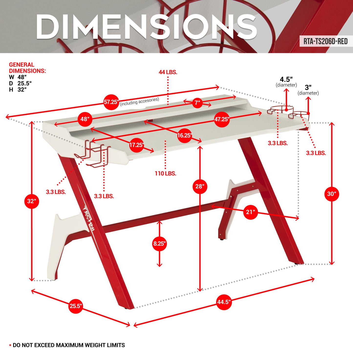 Techni Sport Ergonomic Computer Gaming  Desk Workstation with Cupholder  Headphone Hook, Red