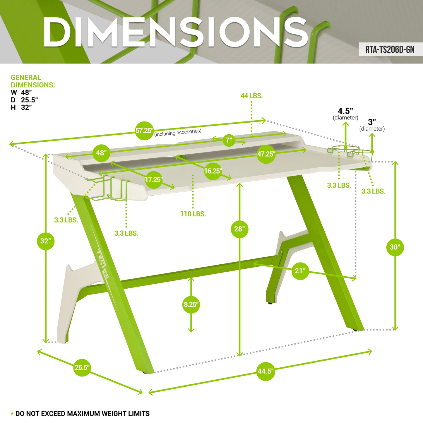 Techni Sport Ergonomic Computer Gaming  Desk Workstation with Cupholder  Headphone Hook, Green