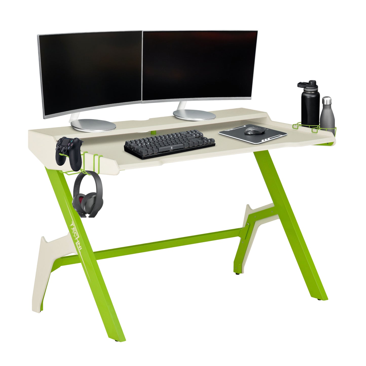 Techni Sport Ergonomic Computer Gaming  Desk Workstation with Cupholder  Headphone Hook, Green