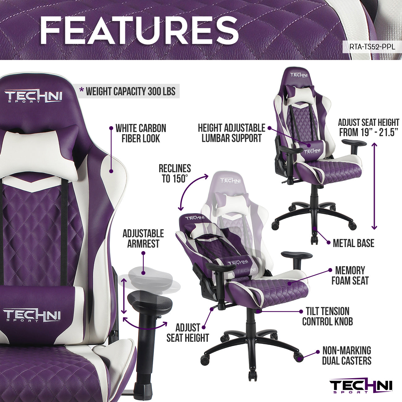 Techni Sport TS-52 Ergonomic High Back Racer Style PC Gaming Chair, Purple