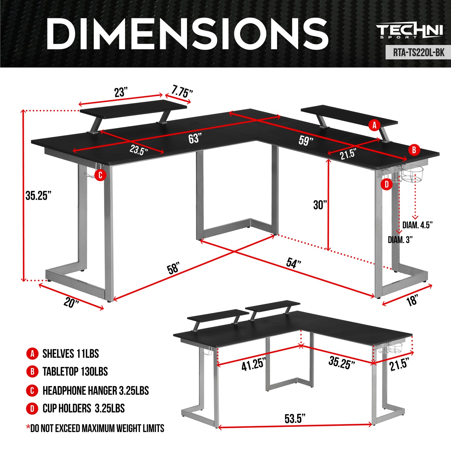 Techni Sport Warrior L-Shaped Gaming Desk, Black