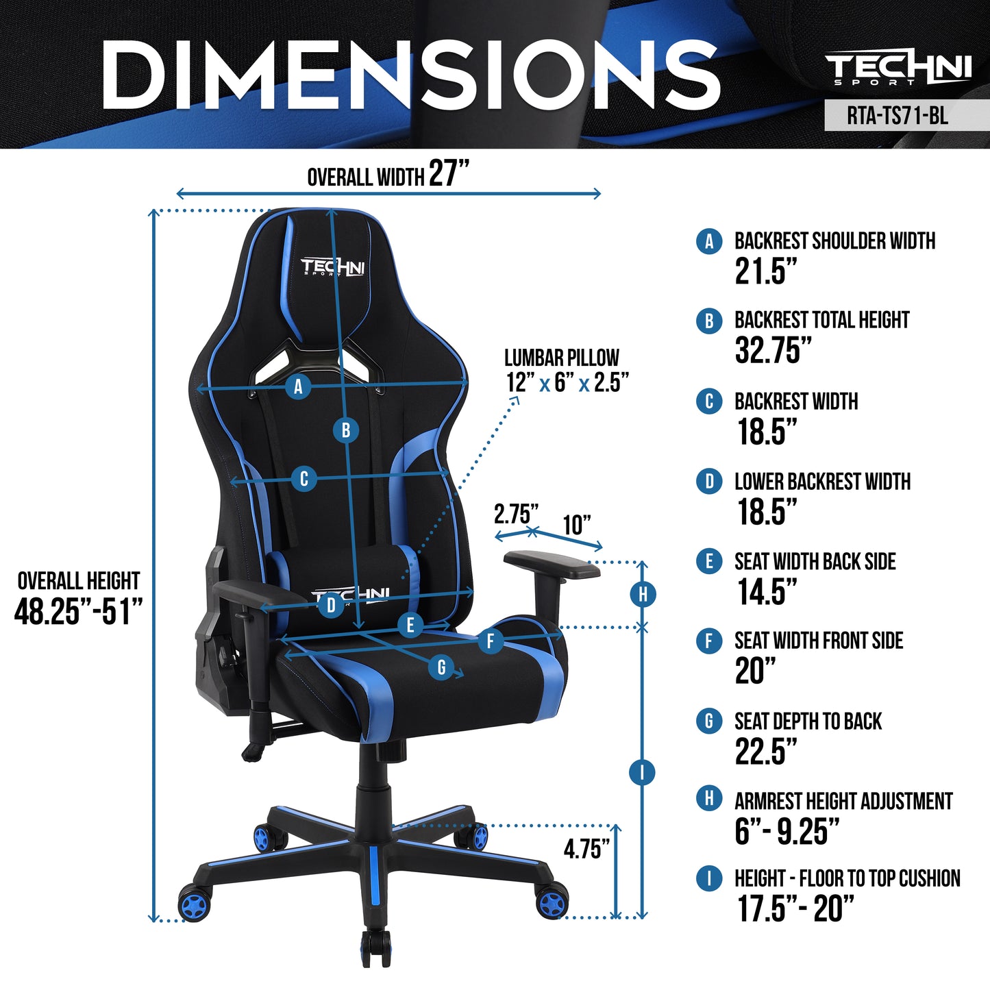 Techni Sport TSF-71 Fabric Office-PC Gaming Chair, Blue