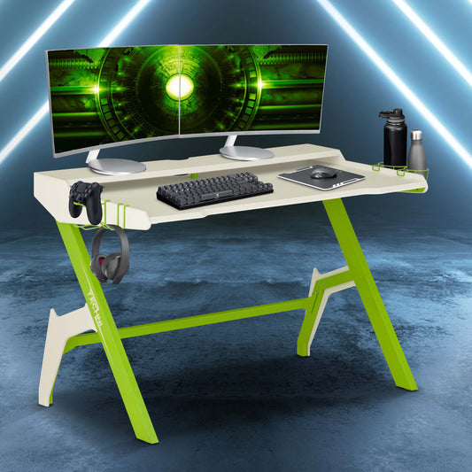 Techni Sport Ergonomic Computer Gaming  Desk Workstation with Cupholder  Headphone Hook, Green