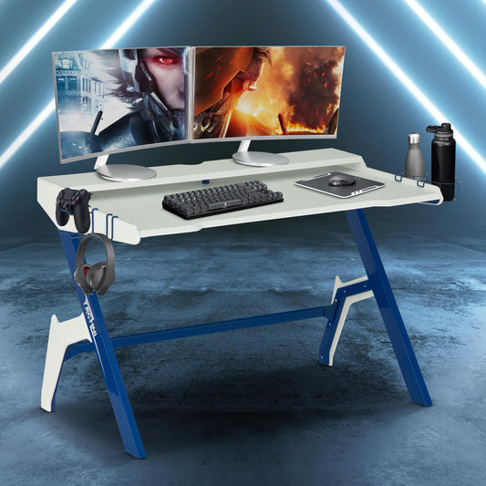 Techni Sport Ergonomic Computer Gaming  Desk Workstation with Cupholder  Headphone Hook, Blue