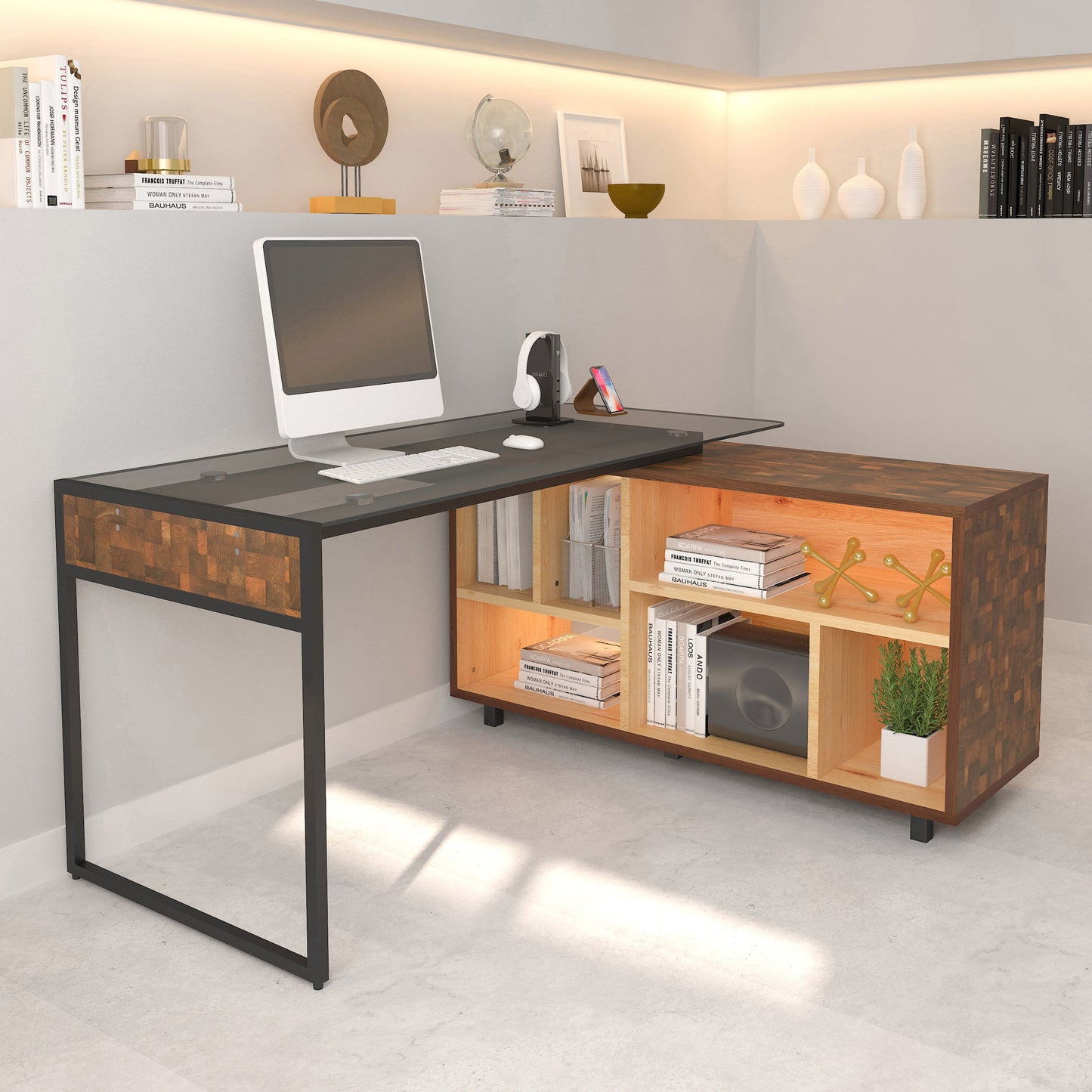 Techni Mobili L-Shape Corner Desk with Multiple Storage, Oak