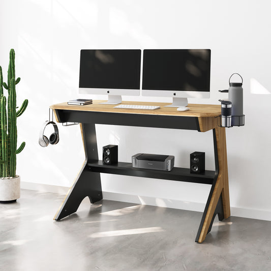 Techni Mobili Home Office Computer Writing Desk Workstation  with  Two Cupholders and a Headphone Hook- Pine