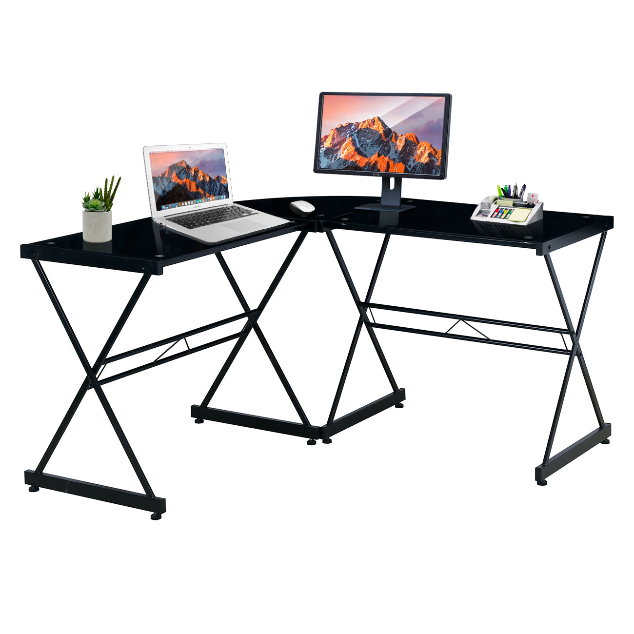 Techni Mobili L-Shaped Glass Computer Desk, Black