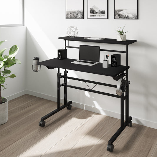 Techni Mobili Rolling Writing Desk with Height Adjustable Desktop and Moveable Shelf, Black