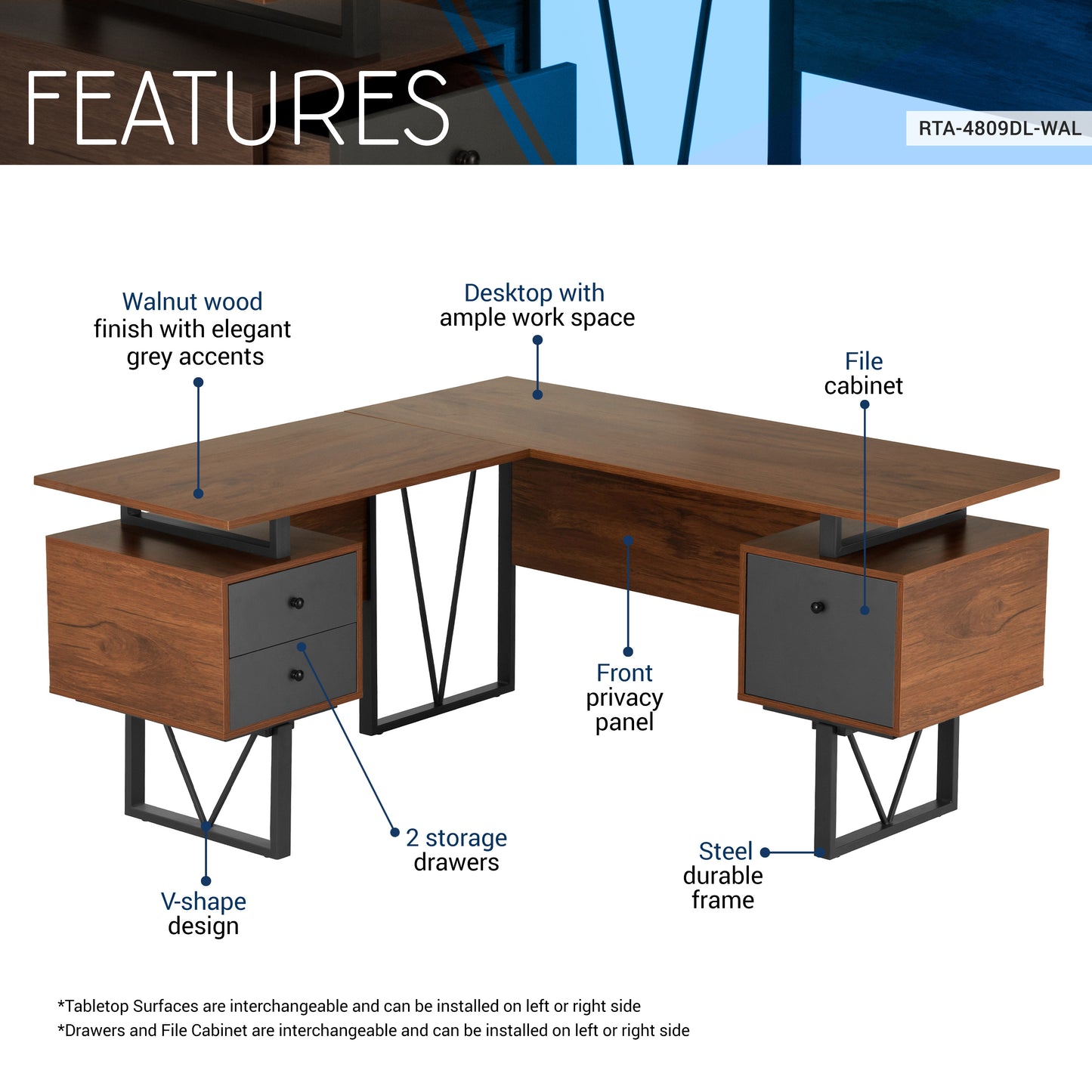 Techni Mobili Reversible L-Shape Computer Desk with Drawers and File Cabinet, Walnut