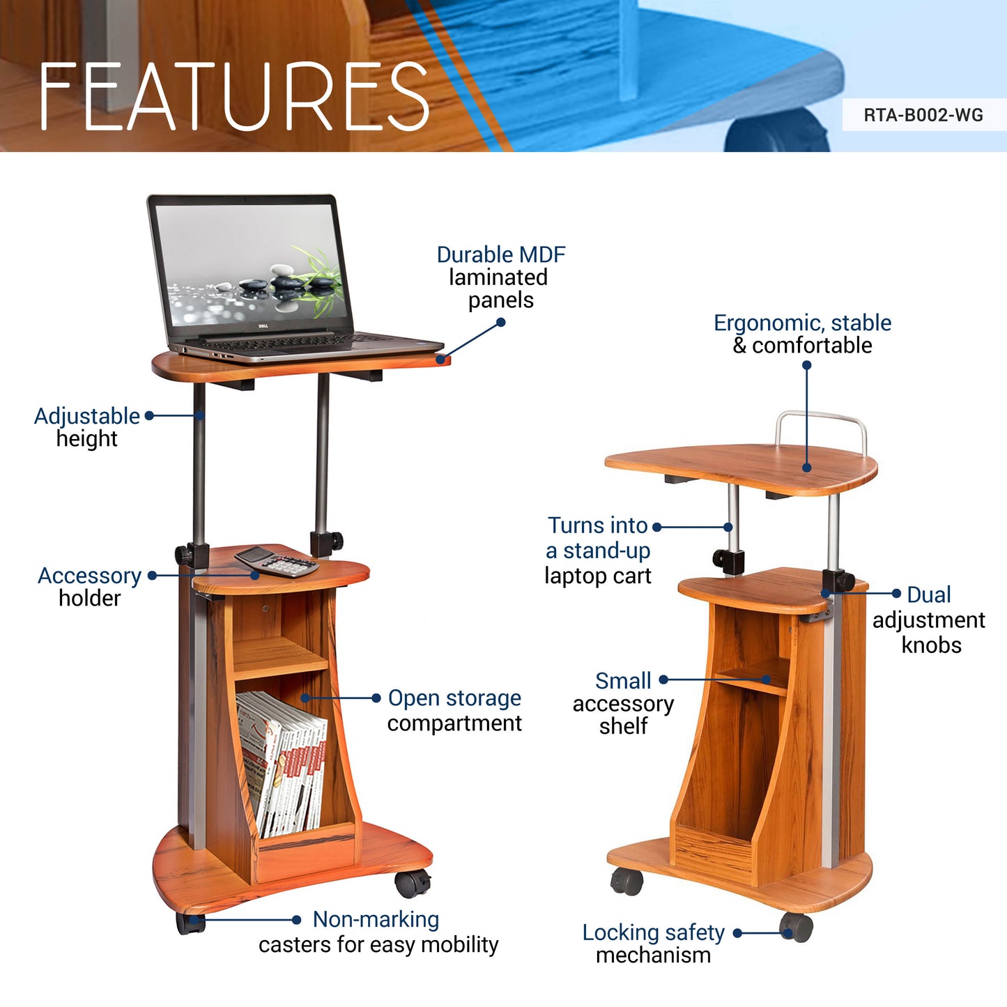 Techni Mobili Sit-to-Stand Rolling Adjustable Height Laptop Cart With Storage, Woodgrain