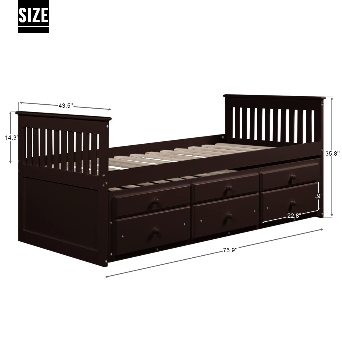 Captain's Bed Twin Daybed with Trundle Bed and Storage Drawers, Espresso