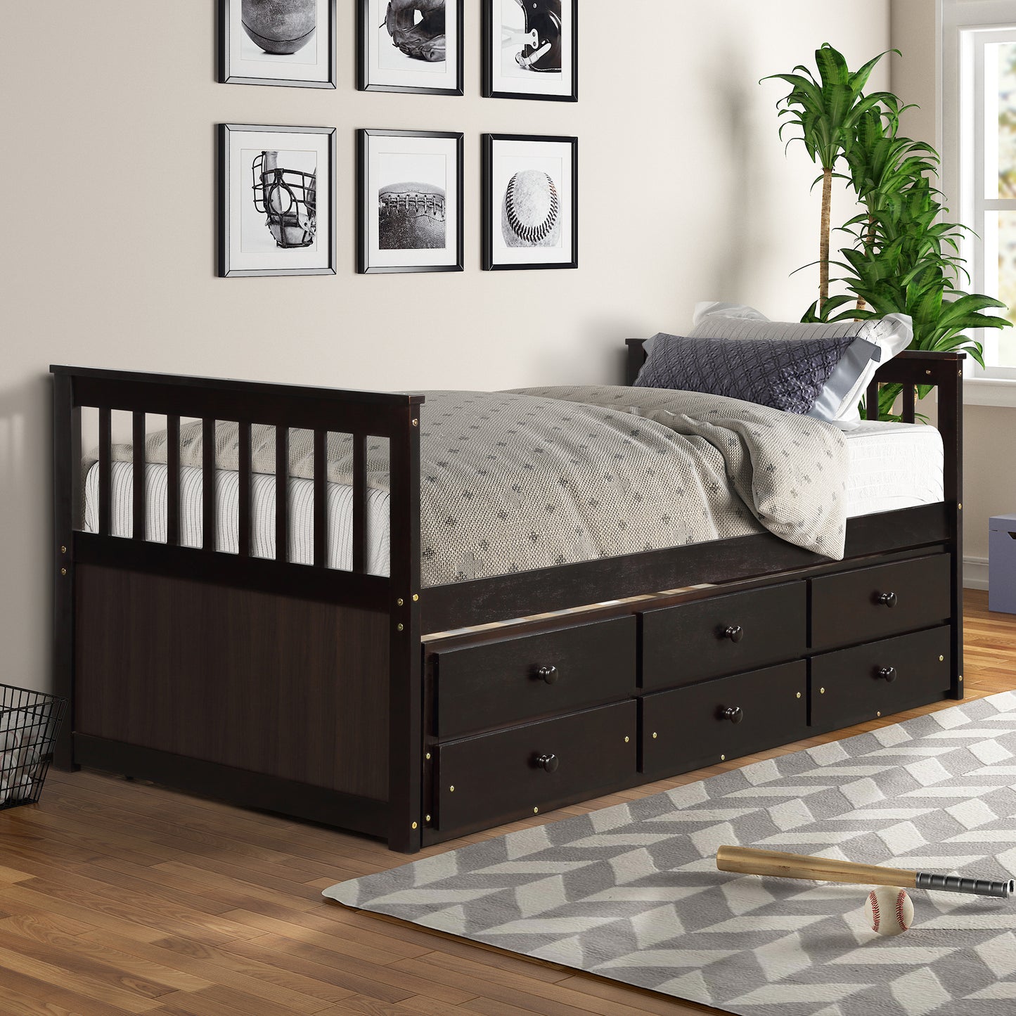 Captain's Bed Twin Daybed with Trundle Bed and Storage Drawers, Espresso