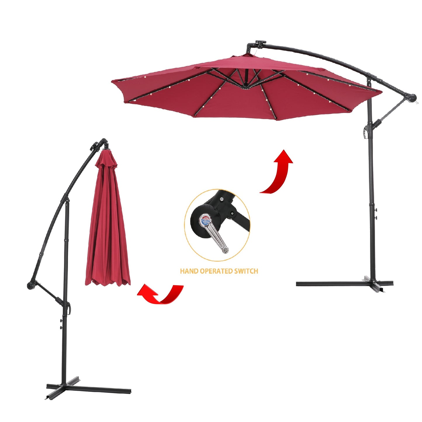 10 FT Solar LED Patio Outdoor Umbrella Hanging Cantilever Umbrella Offset Umbrella Easy Open Adustment with 24 LED Lights - Burgundy