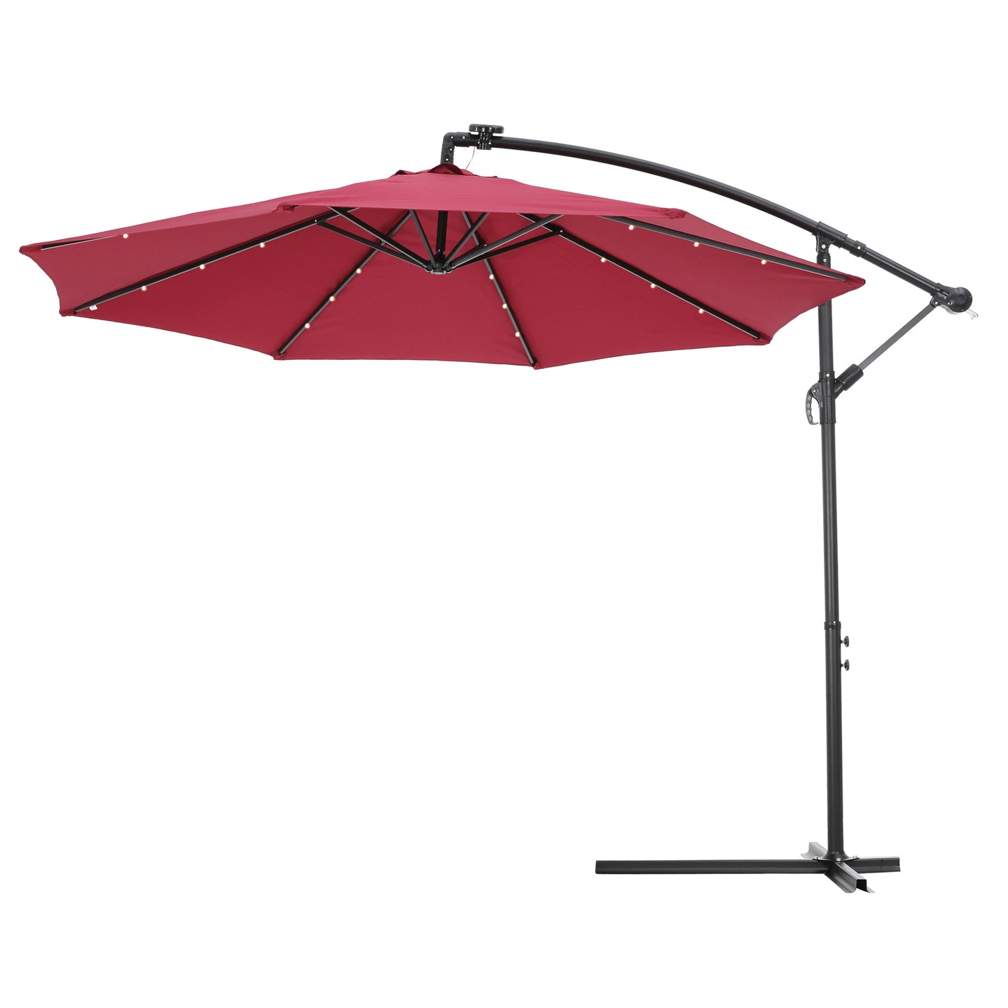 10 FT Solar LED Patio Outdoor Umbrella Hanging Cantilever Umbrella Offset Umbrella Easy Open Adustment with 24 LED Lights - Burgundy