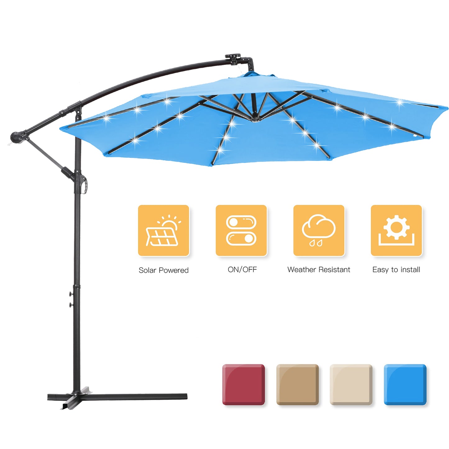 10 FT Solar LED Patio Outdoor Umbrella Hanging Cantilever Umbrella Offset Umbrella Easy Open Adustment with 24 LED Lights -blue