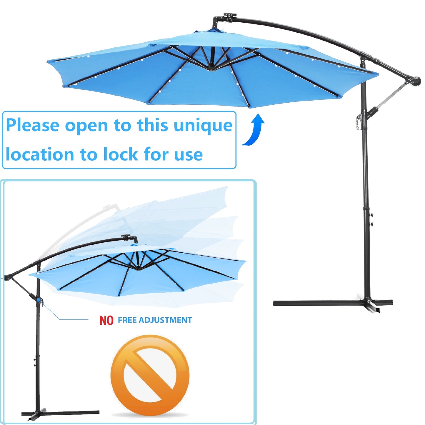 10 FT Solar LED Patio Outdoor Umbrella Hanging Cantilever Umbrella Offset Umbrella Easy Open Adustment with 24 LED Lights -blue