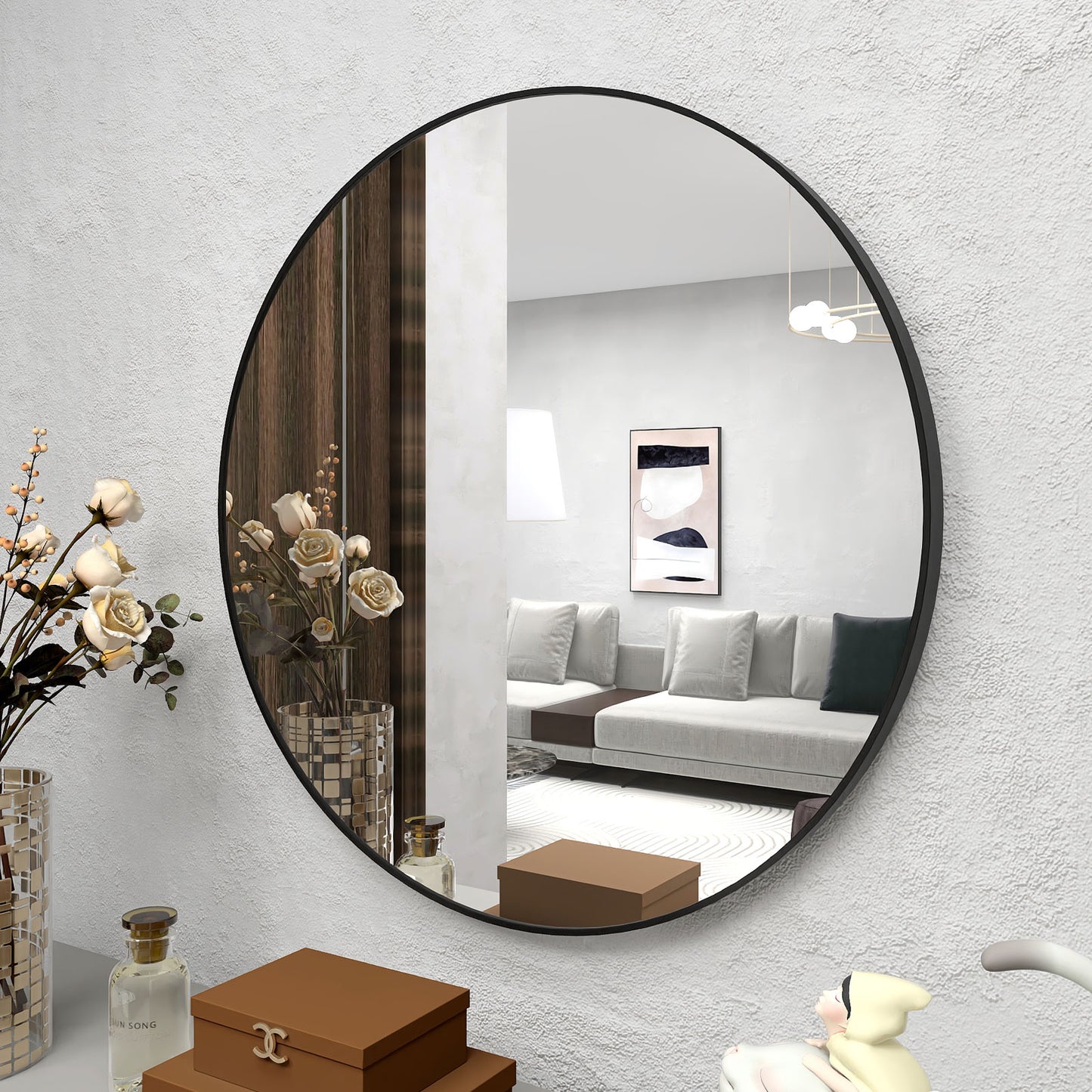 32& Wall Circle Mirror Large Round Black Farmhouse Circular Mirror for Wall Decor Big Bathroom Make Up Vanity Mirror Entryway Mirror