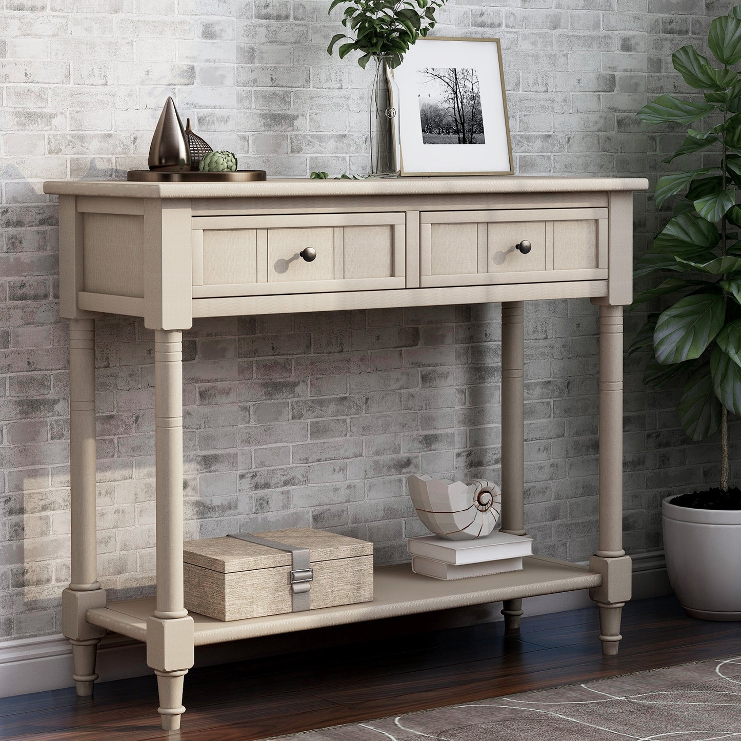 Daisy Series Console Table Traditional Design with Two Drawers and Bottom Shelf Acacia Mangium (Retro Grey)