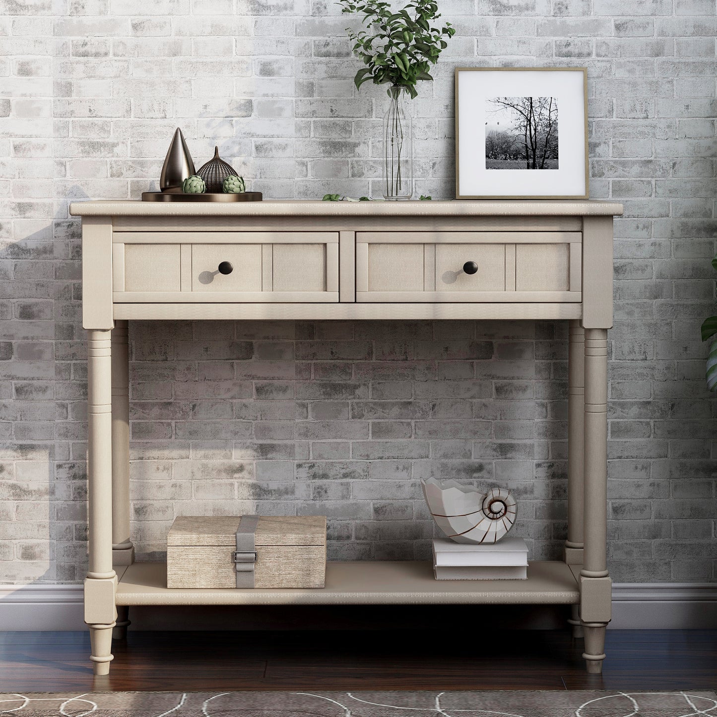 Daisy Series Console Table Traditional Design with Two Drawers and Bottom Shelf Acacia Mangium (Retro Grey)