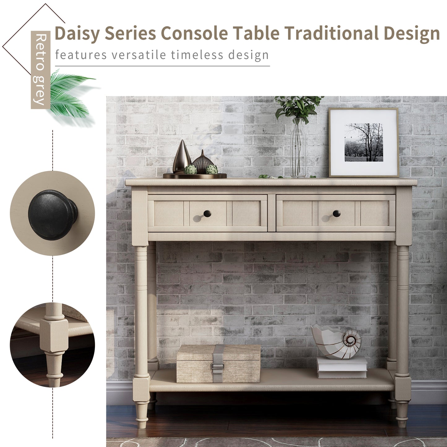 Daisy Series Console Table Traditional Design with Two Drawers and Bottom Shelf Acacia Mangium (Retro Grey)