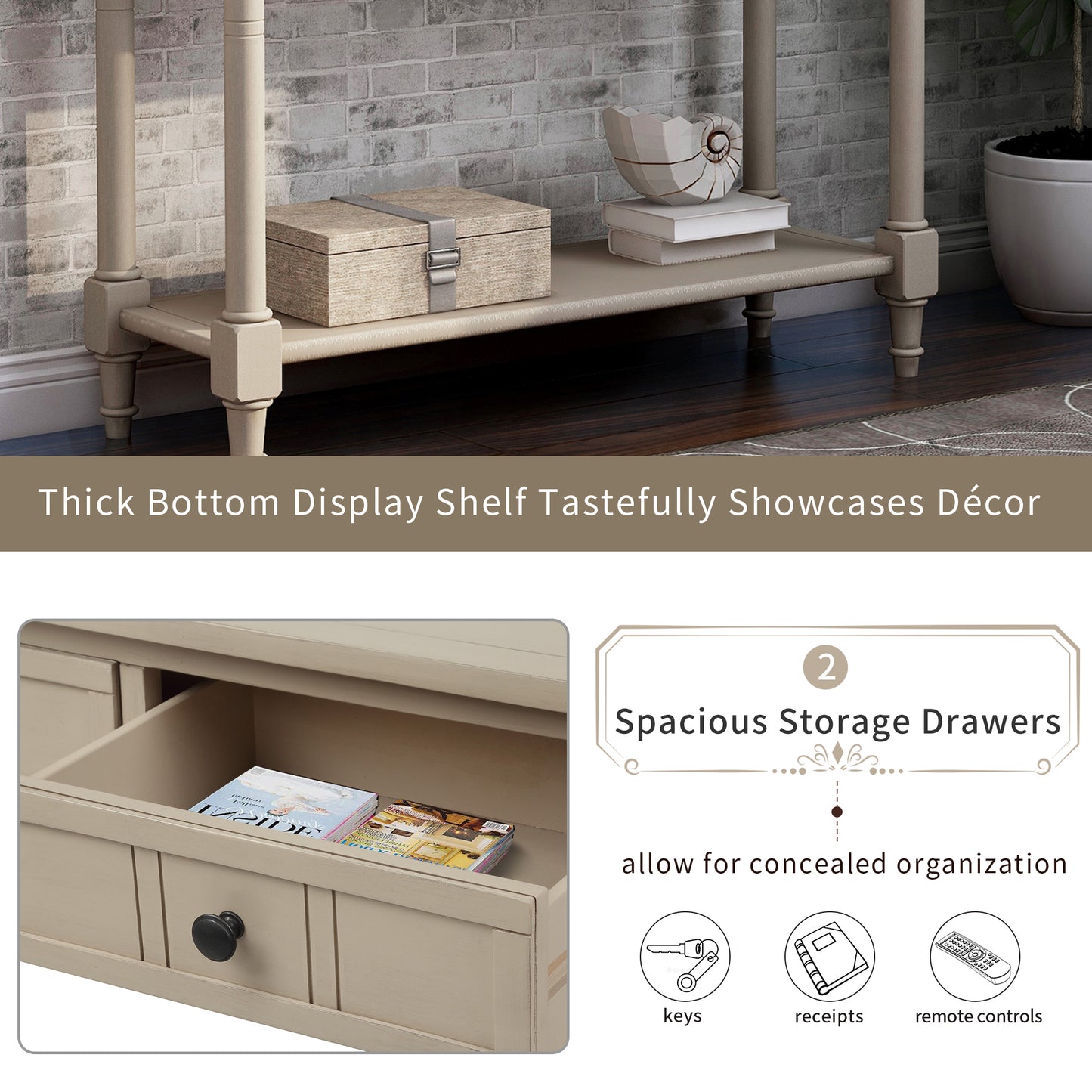 Daisy Series Console Table Traditional Design with Two Drawers and Bottom Shelf Acacia Mangium (Retro Grey)