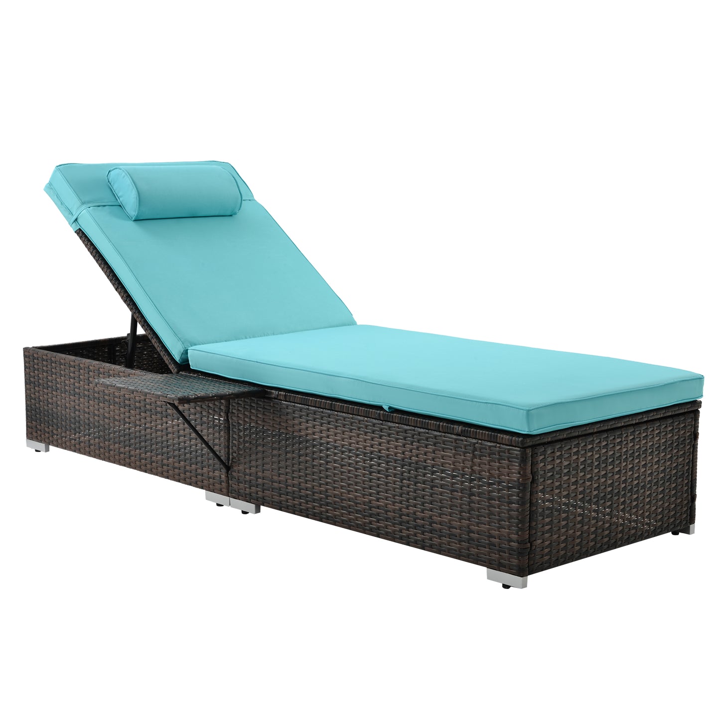 Outdoor PE Wicker Chaise Lounge - 2 Piece Patio Brown Rattan Reclining Chair Furniture Set Beach Pool Adjustable Backrest Recliners with Side Table and Comfort Head Pillow