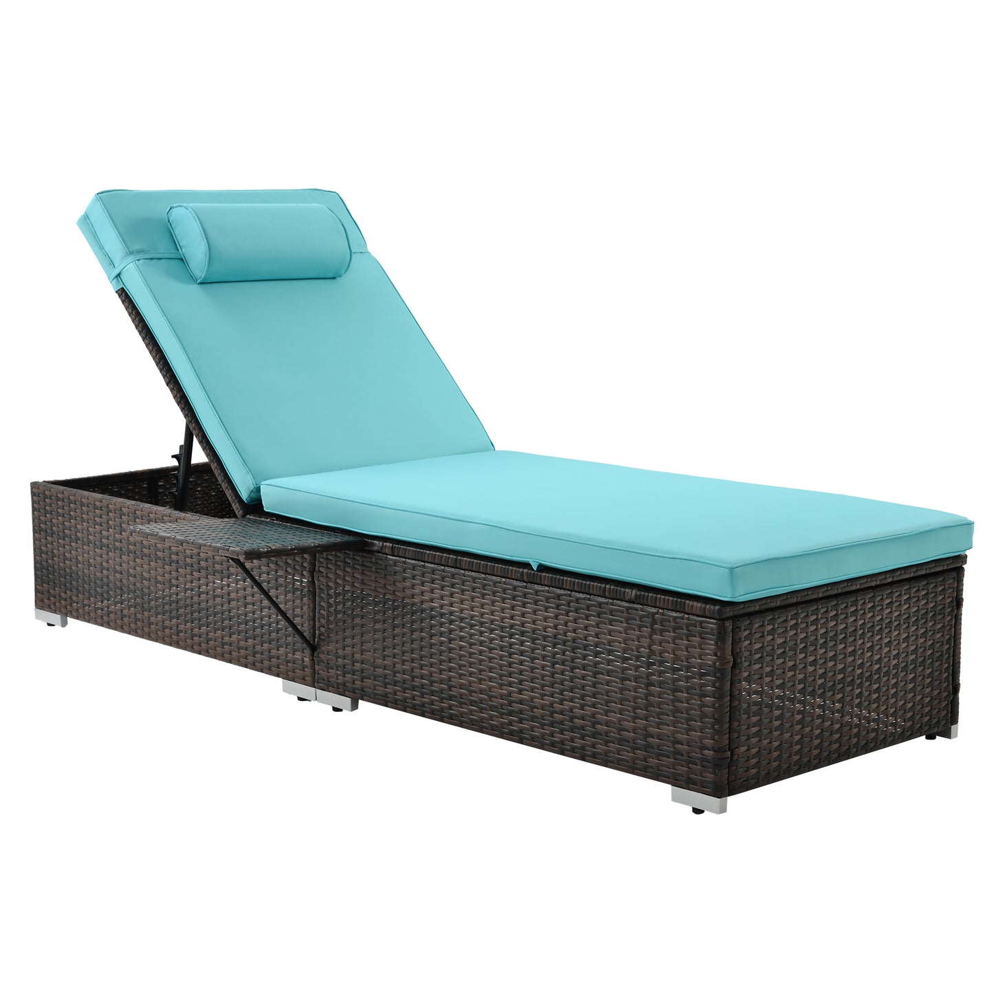 Outdoor PE Wicker Chaise Lounge - 2 Piece Patio Brown Rattan Reclining Chair Furniture Set Beach Pool Adjustable Backrest Recliners with Side Table and Comfort Head Pillow