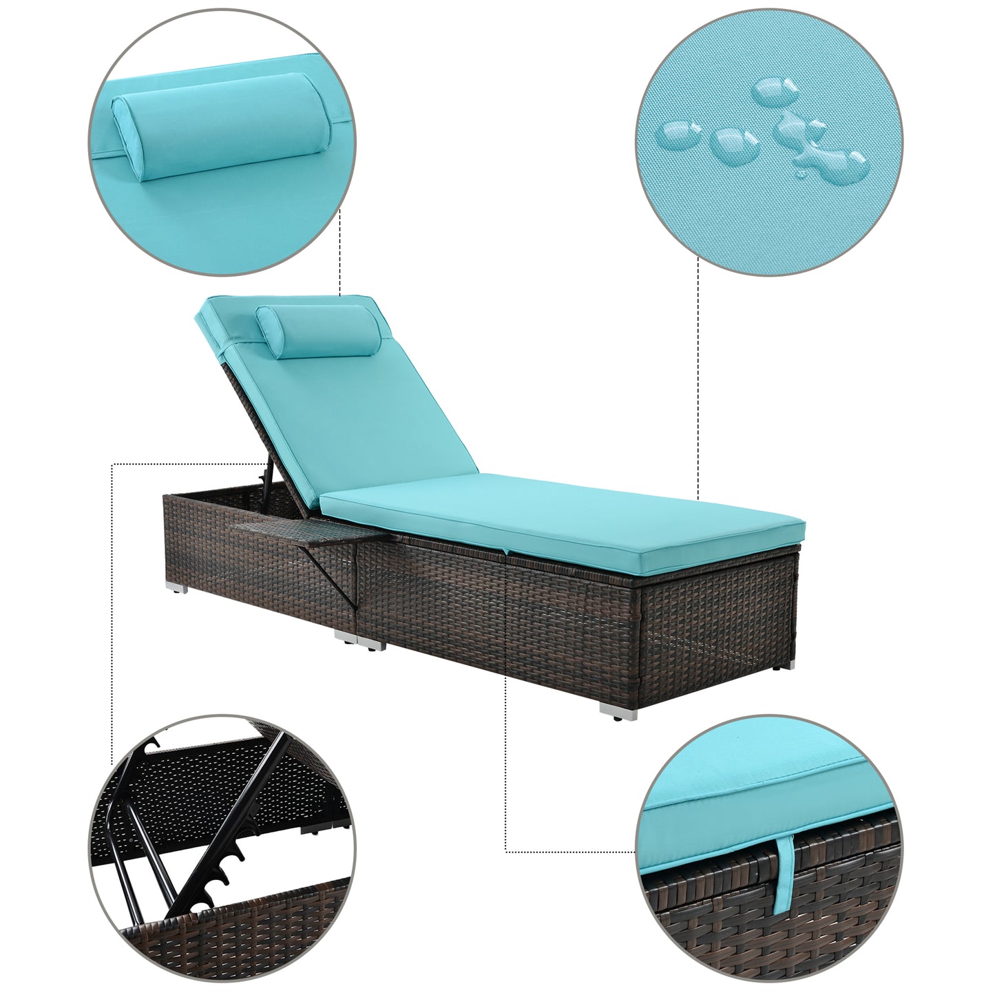 Outdoor PE Wicker Chaise Lounge - 2 Piece Patio Brown Rattan Reclining Chair Furniture Set Beach Pool Adjustable Backrest Recliners with Side Table and Comfort Head Pillow