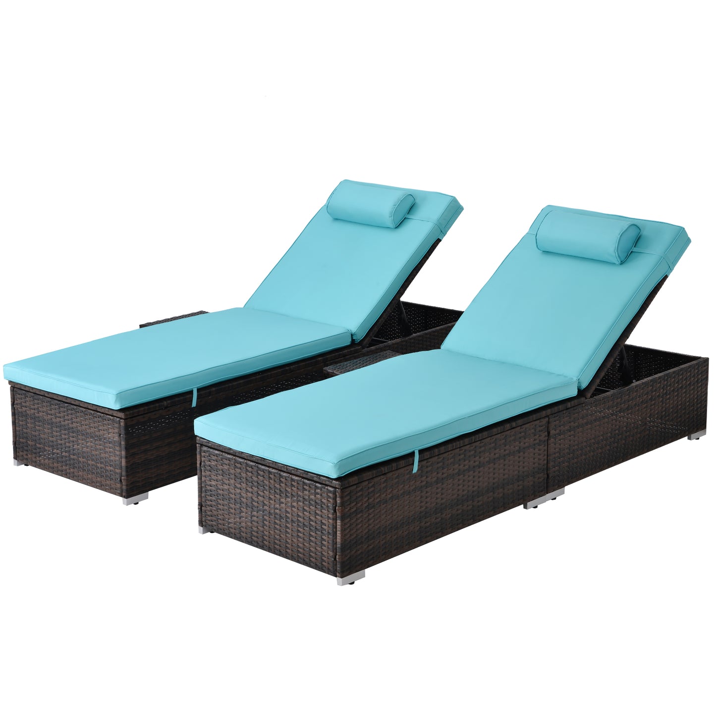 Outdoor PE Wicker Chaise Lounge - 2 Piece Patio Brown Rattan Reclining Chair Furniture Set Beach Pool Adjustable Backrest Recliners with Side Table and Comfort Head Pillow