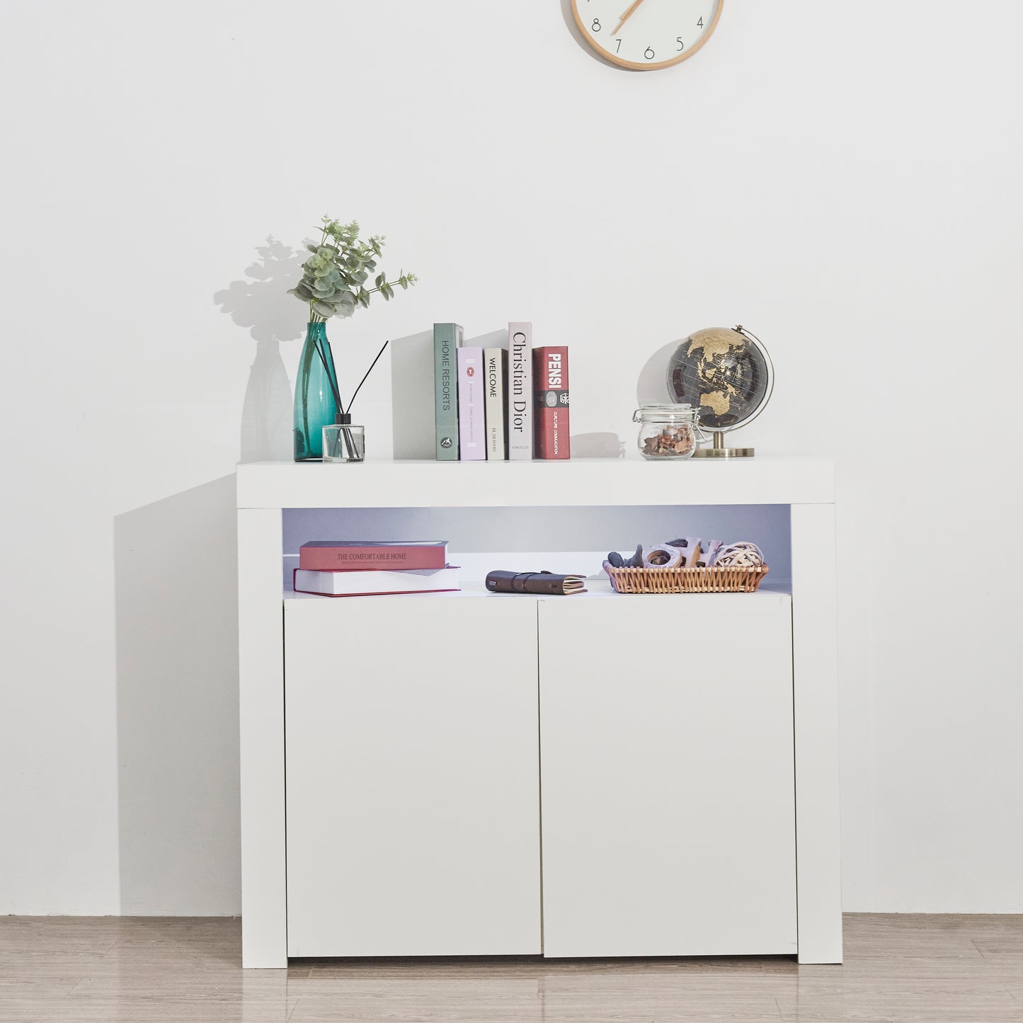 Living Room Sideboard Storage Cabinet White High Gloss with LED Light, Modern Kitchen Unit Cupboard Buffet Wooden Storage Display Cabinet TV Stand with 2 Doors for Hallway Dining Room