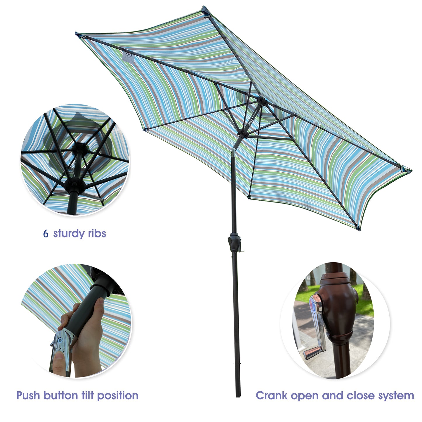 Outdoor Patio 9-Feet Market Table Umbrella with Push Button Tilt and Crank, Blue Stripes[Umbrella Base is not Included]