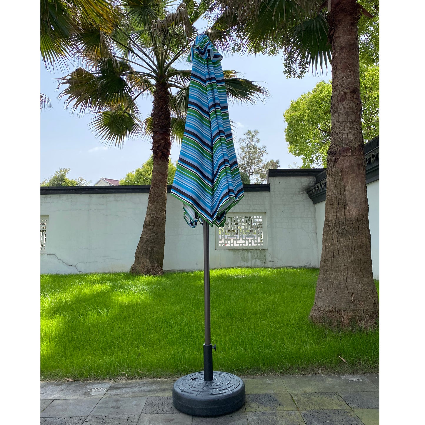 Outdoor Patio 9-Feet Market Table Umbrella with Push Button Tilt and Crank, Blue Stripes[Umbrella Base is not Included]