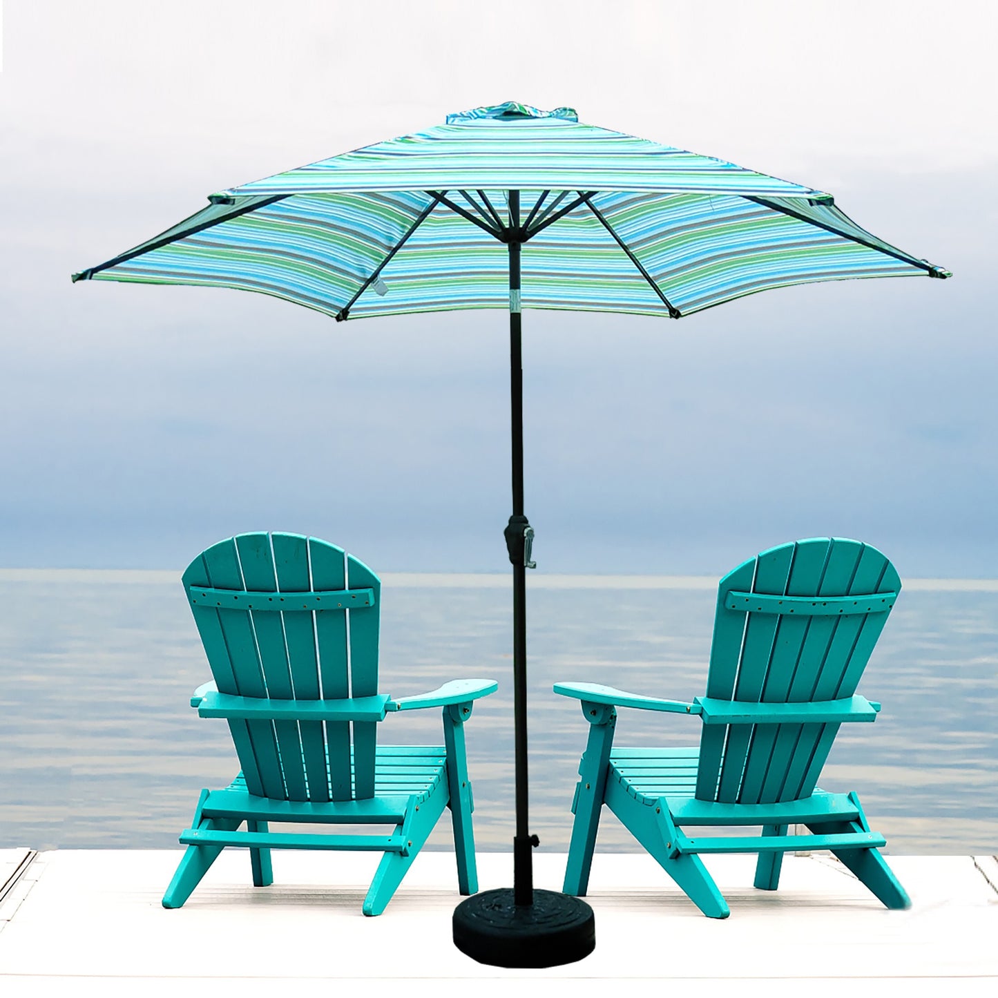 Outdoor Patio 9-Feet Market Table Umbrella with Push Button Tilt and Crank, Blue Stripes[Umbrella Base is not Included]