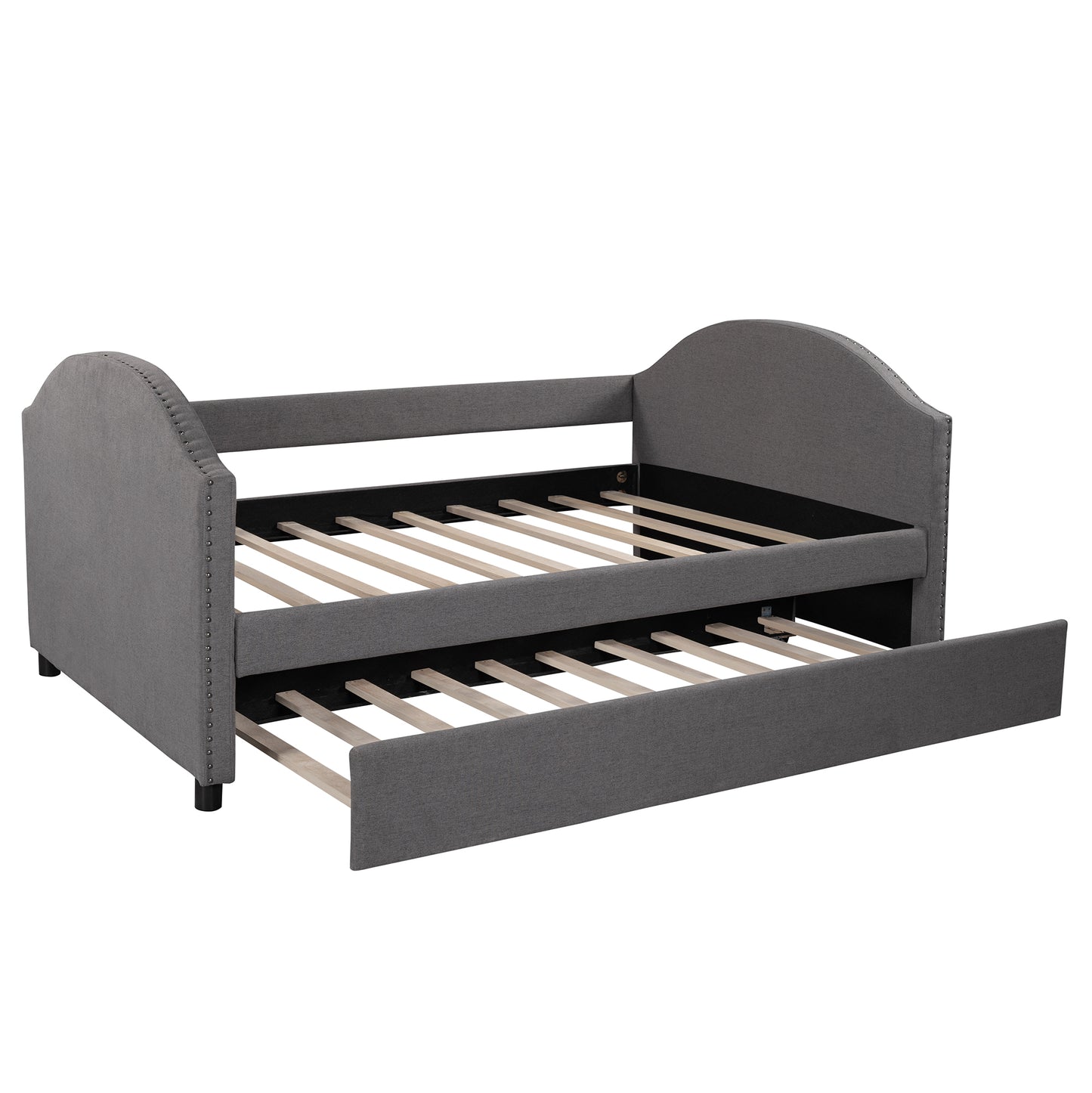 Full size Upholstered Daybed with Twin Size Trundle, Wood Slat Support, Gray