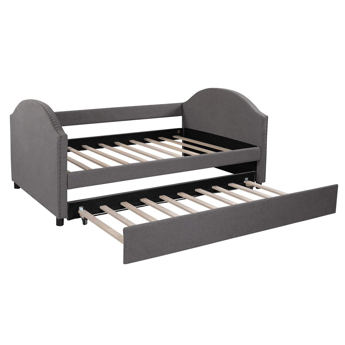 Full size Upholstered Daybed with Twin Size Trundle, Wood Slat Support, Gray