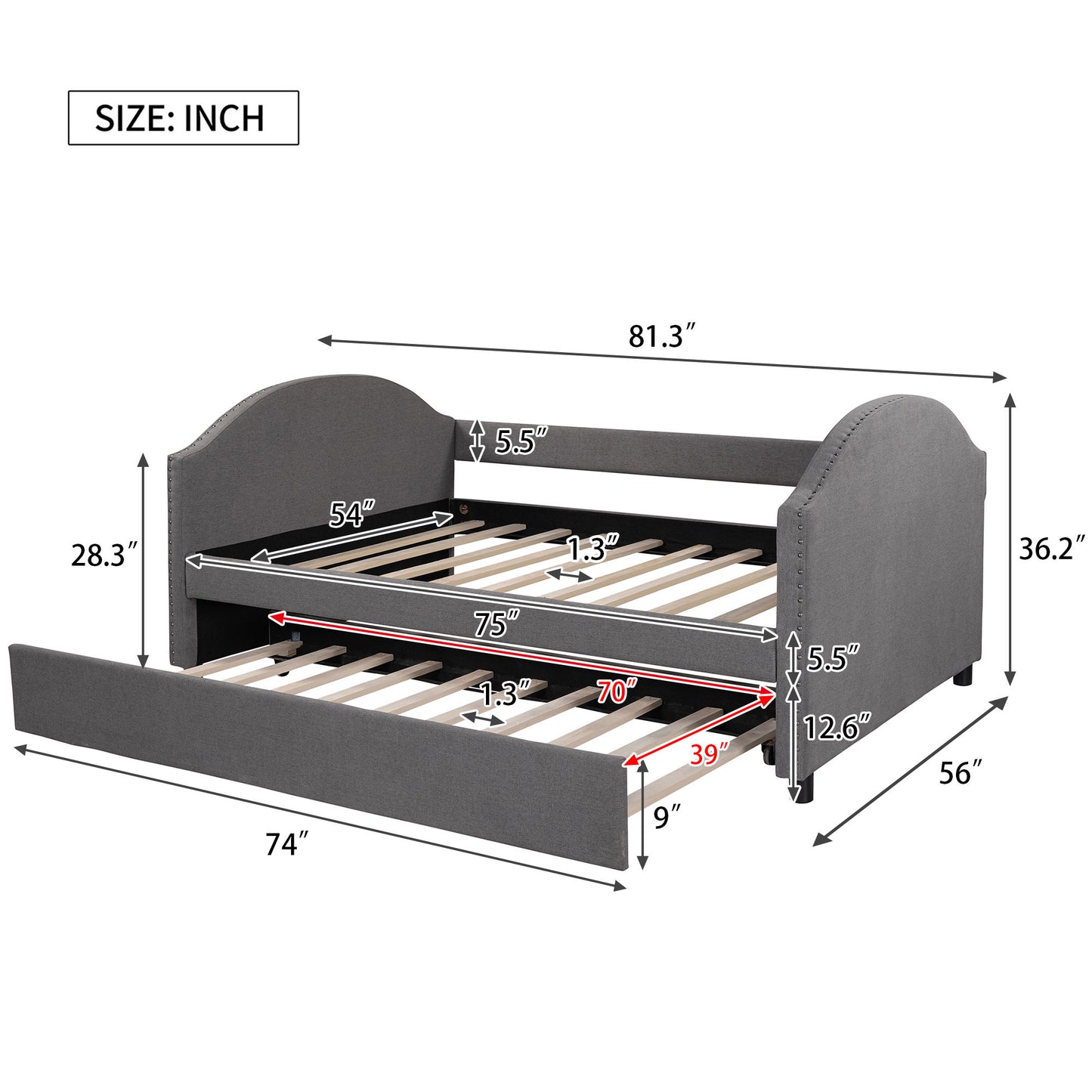 Full size Upholstered Daybed with Twin Size Trundle, Wood Slat Support, Gray