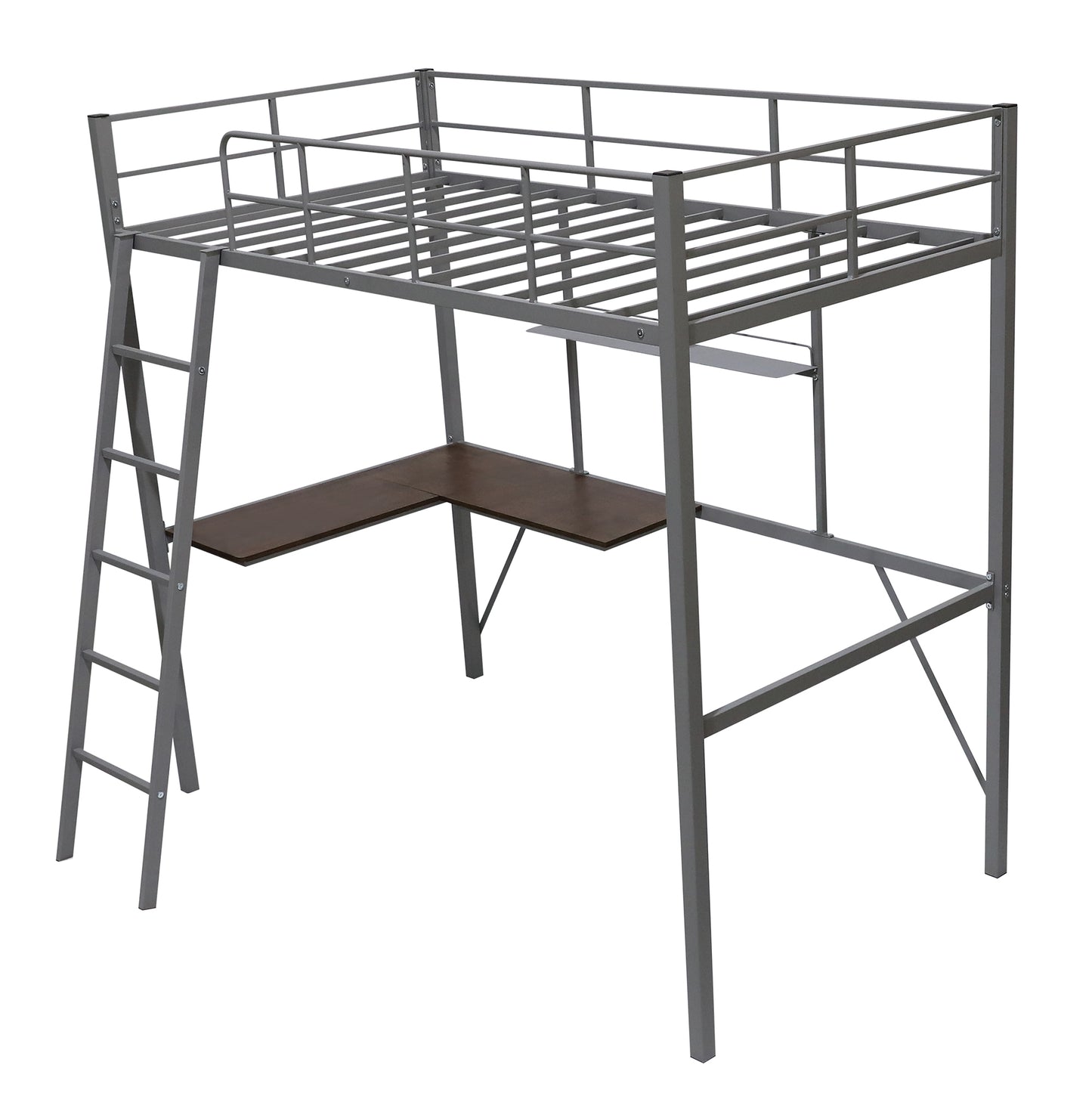 Metal Twin Loft Bed with Desk and Shelf, Twin Size High Loft Bed ( Gray）