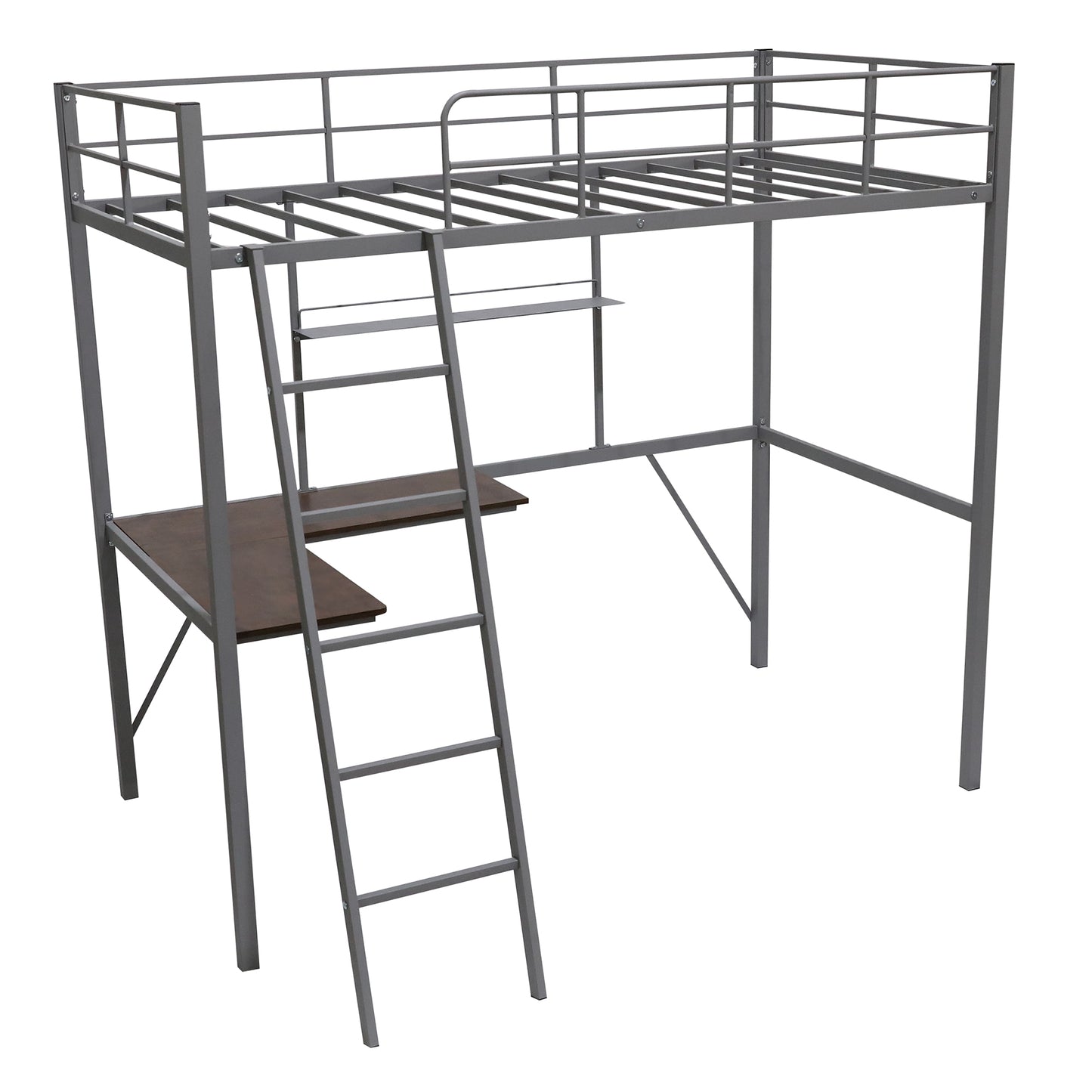 Metal Twin Loft Bed with Desk and Shelf, Twin Size High Loft Bed ( Gray）