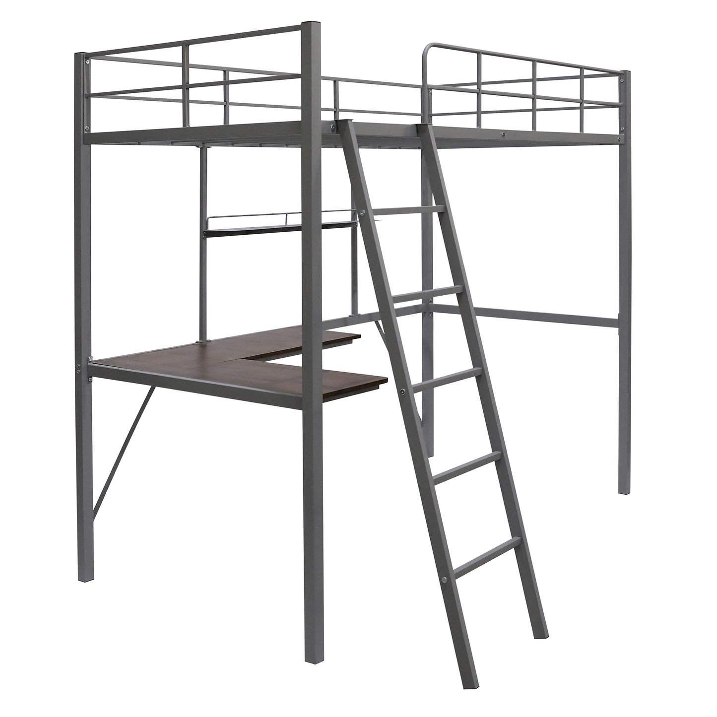 Metal Twin Loft Bed with Desk and Shelf, Twin Size High Loft Bed ( Gray）