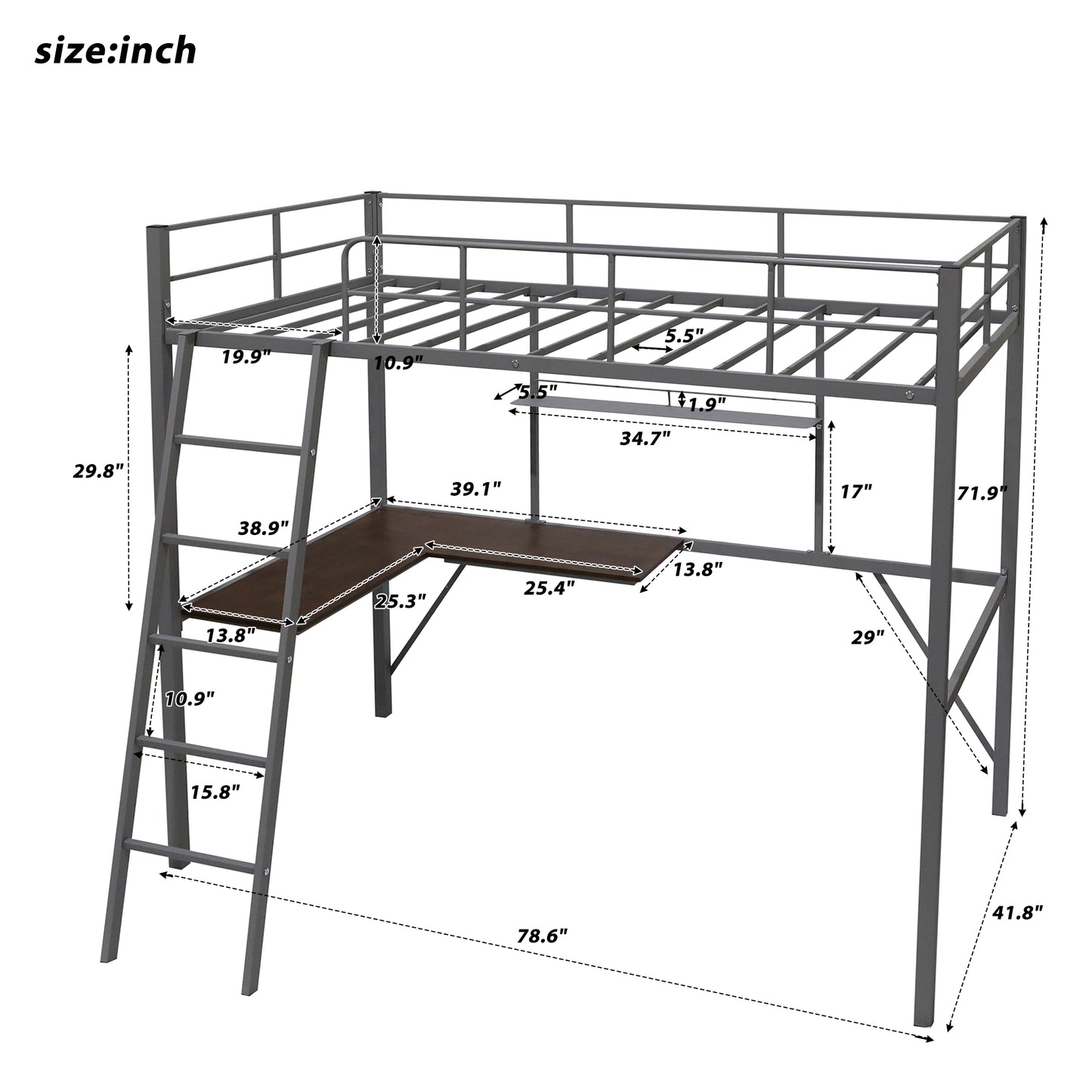 Metal Twin Loft Bed with Desk and Shelf, Twin Size High Loft Bed ( Gray）