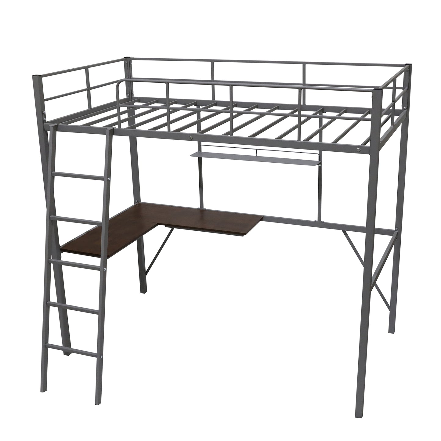 Metal Twin Loft Bed with Desk and Shelf, Twin Size High Loft Bed ( Gray）