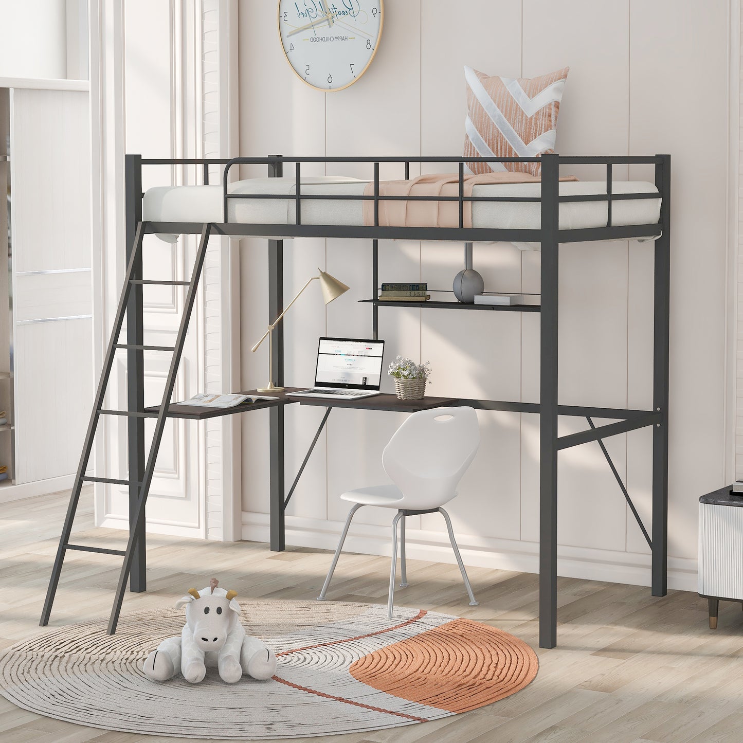 Metal Twin Loft Bed with Desk and Shelf, Twin Size High Loft Bed ( Gray）